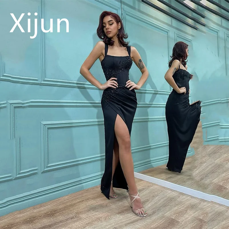 

Xijun Elegant Mermaid Prom Dresses Spaghetti Strap Floral Applique Evening Dress Women Side Slit Sexy Pleated Party Gowns
