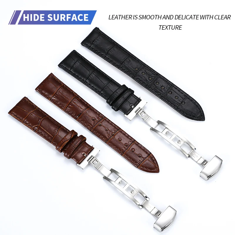 Butterfly Pattern Genuine Leather Watch Band Strap with Deployant Buckle in Brown & Black (12-24mm)