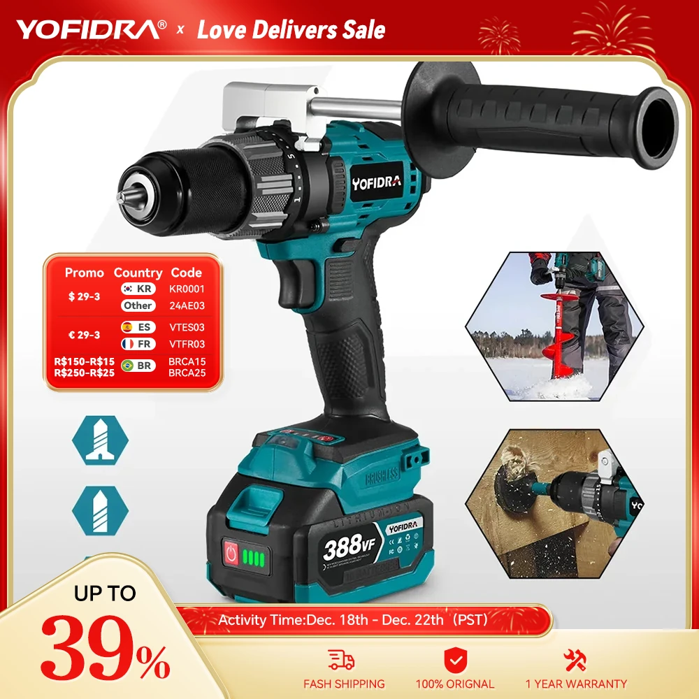 

Yofidra 650N.m 13mm Brushless Electric Drill 25+3 Torque Multifunction Home DIY Ice Breaking Power Tools For Makita 18V Battery