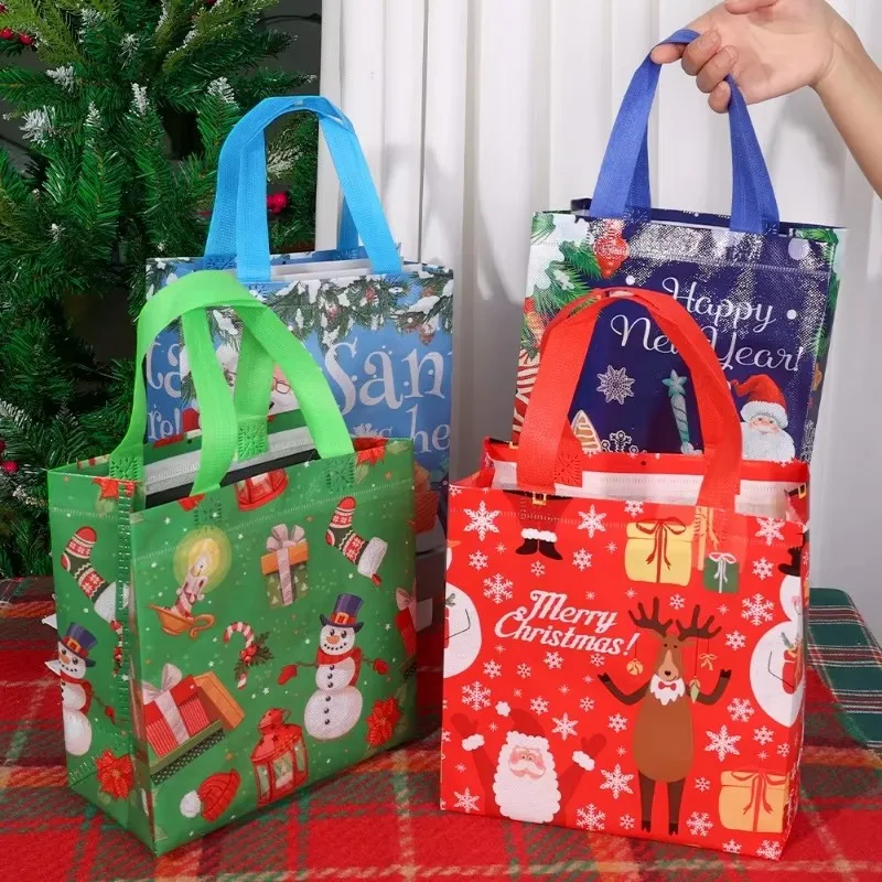 2Pcs Dark Blue Christmas Gift Bags | Cartoon Santa Elk Printed Non-Woven Handbags | Fol... - SKU CGB01822 - UGI Packaging