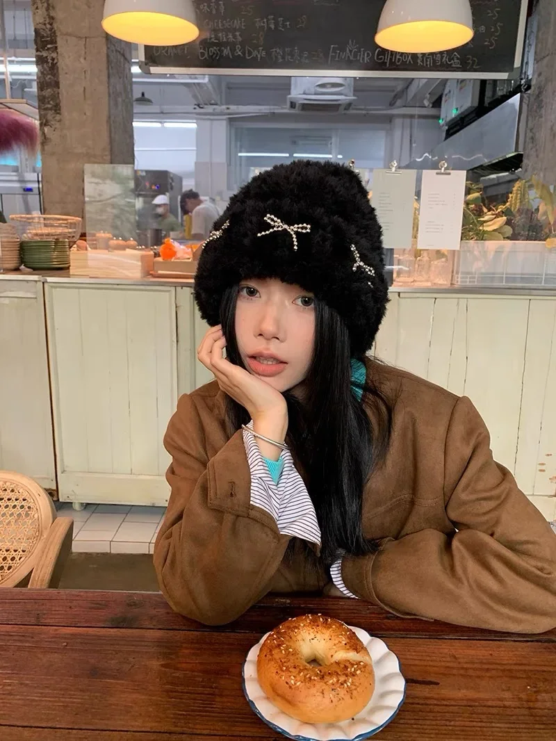 Korean Metal Bow Knitted Hat Ins Style Cute Y2K Girls' Hat Autumn and Winter Personalized Fashion Warm Ear Protection Hat 4