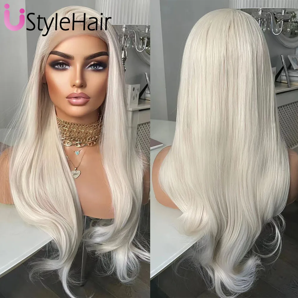 

UStyleHair Platinum Blonde Lace Front Wig Natural Wave Synthetic Hair Daily Use Glueless Platinum Wigs Cosplay Party Drag Queen