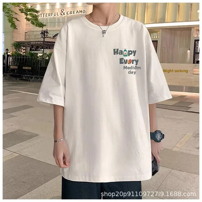 فضفاض عصري قصير الأكمام الرجال تي شيرت تنفس الكرتون طباعة الصيف أزياء عارضة أعلى نصف كم هونغ كونغ نمط المحملة