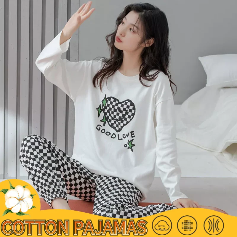 Autumn Pure Cotton Pajama Sets Women Pyjamas Cartoon Bear Sleepwear Loungewear Pijama Mujer Size 2XL Couple Night suits Homewear