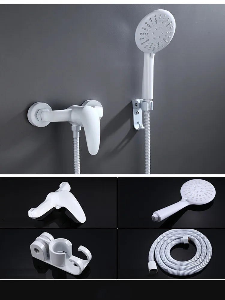 White Shower Faucet Brass Mixer Wall Mounted Single Handle Bathroom Mixer Tap ABS Hand Shower 5