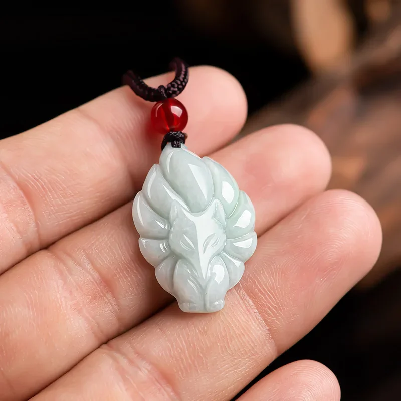 Natural A Cargo Emerald Light Green Nine -tailed Fox Pendant Fox Fairy Necklace Glutinous Jade Pendant Flower Pieces FemaleModel