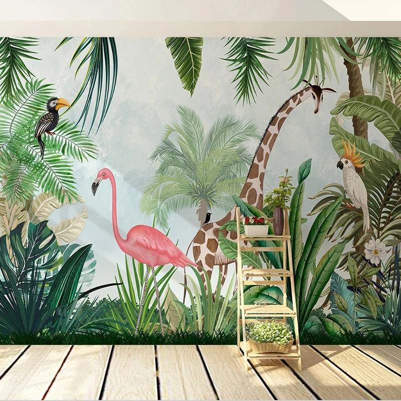 

Custom Mural Wallpaper Northern European Rainforest Flamingo Giraffe Fresco Living Room Restaurant Background Wall Decor Poster