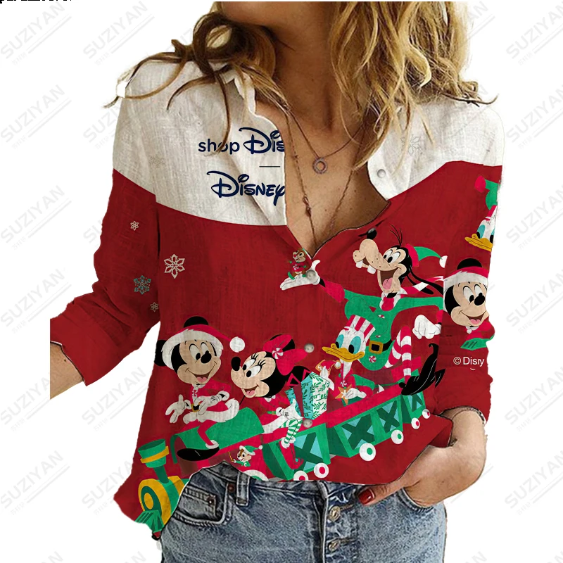 Disney-Camisa feminina solta de manga comprida, cardigã de botão impresso em 3D, temperamento, simples, rua, novo, verão, 2023