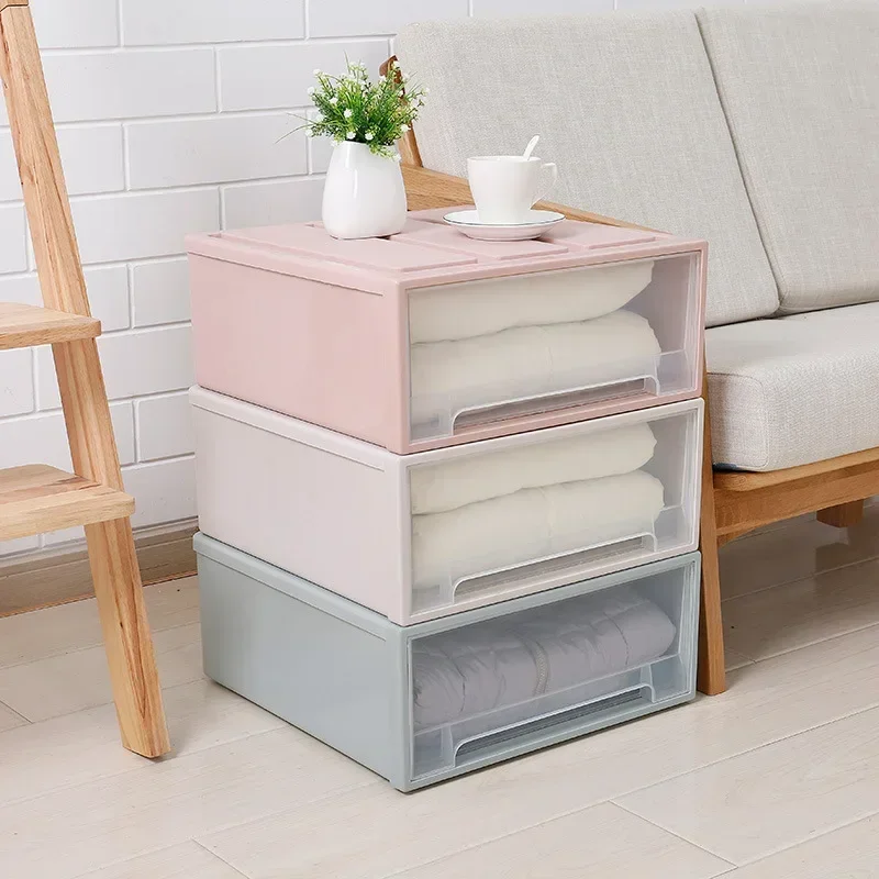 Description Picture 3 of itemStackable Quilt Storage Drawer Transparent Wardrobe Organizer Household Closet Storage Box Home Plastic Desktop Sundries Boxes