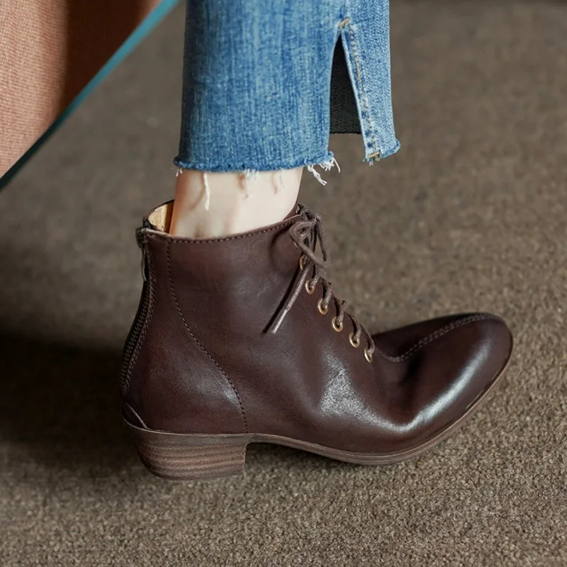 

Women Ankle Boots British Style Ladies Shoes Cowhide Winter Boots Back Zippers Retro Spring Shoes On Med Heel 3.8 CM Size 40