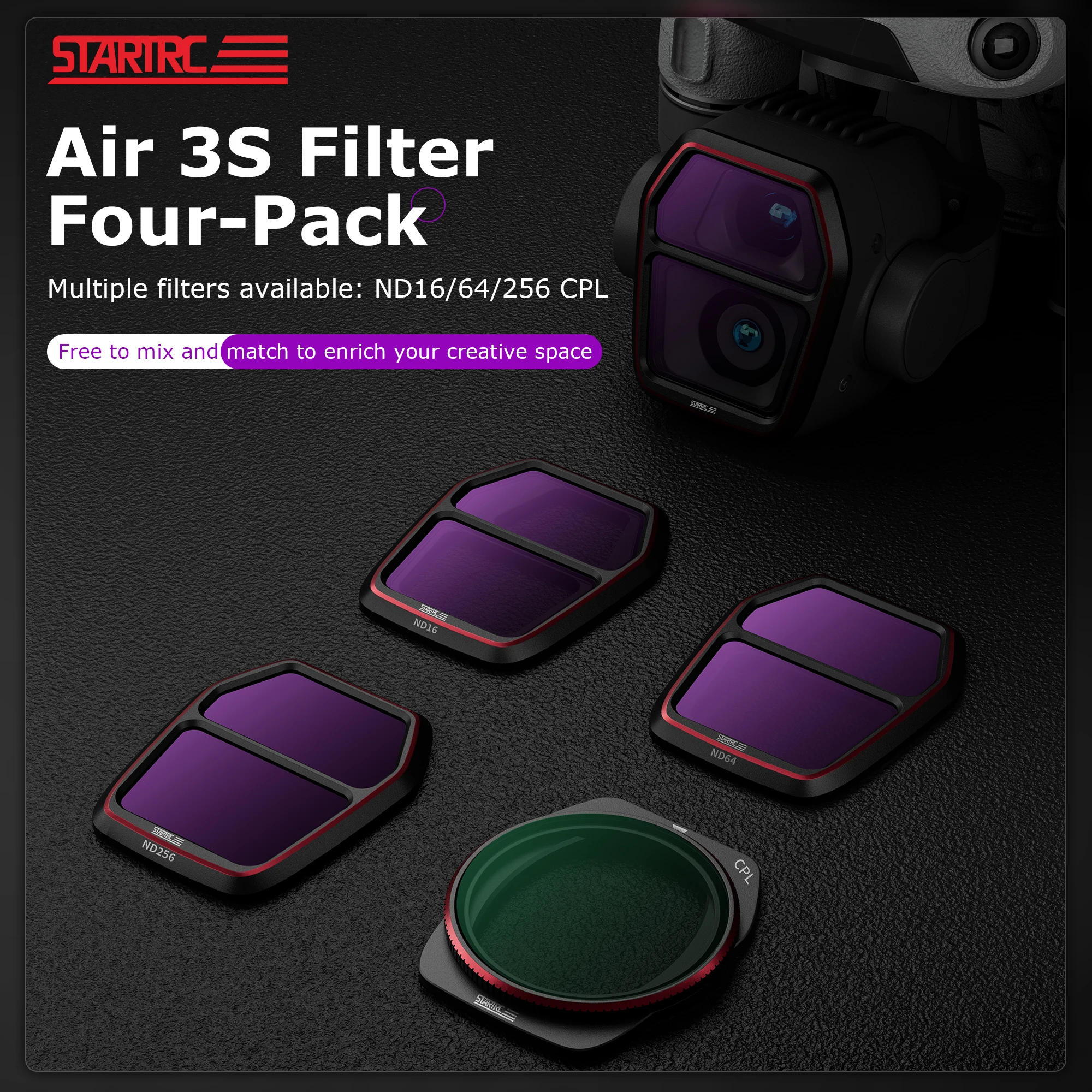 Filtres ND16, ND64, ND256 et CPL pour DJI Air 3S disposés en éventail.
