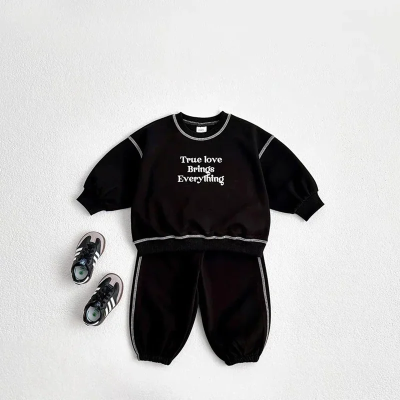 Spring Autumn Kids Clothes Girls Set Korean Fashion Letter Embroidery Hoodies Sweatshirts+Sweat Pants Children Boys Clothing Set 3
