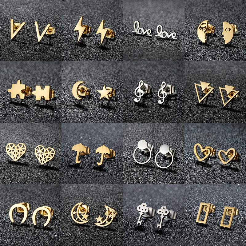 Minimalistische Goldene Edelstahl-Ohrringe Damen Mode Puzzle Blitz Regenschirm Ohrringe Hufeisen U-förmige Ohrstecker Ohrschmuck