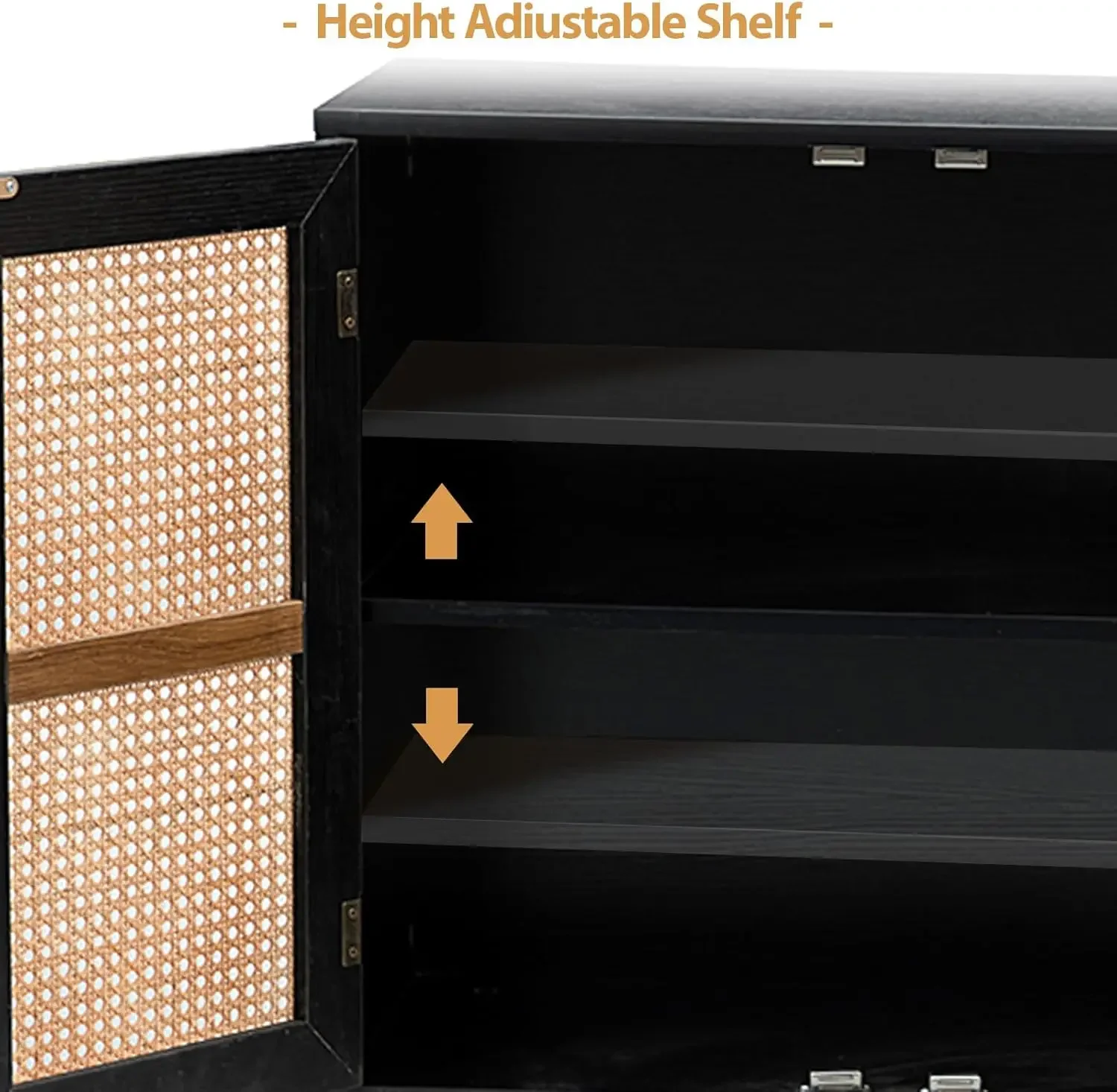 NEW-Accent Storage Cabinet with 3 Natural Rattan Doors & Wood Legs, 2-Tier Shelf Sideboard Buffet Cabinet, Cupboard Console Tabl