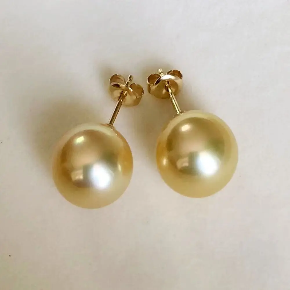

11.3MM+ Round Golden South Sea Pearl Stud Earrings 14K Solid Yellow Gold