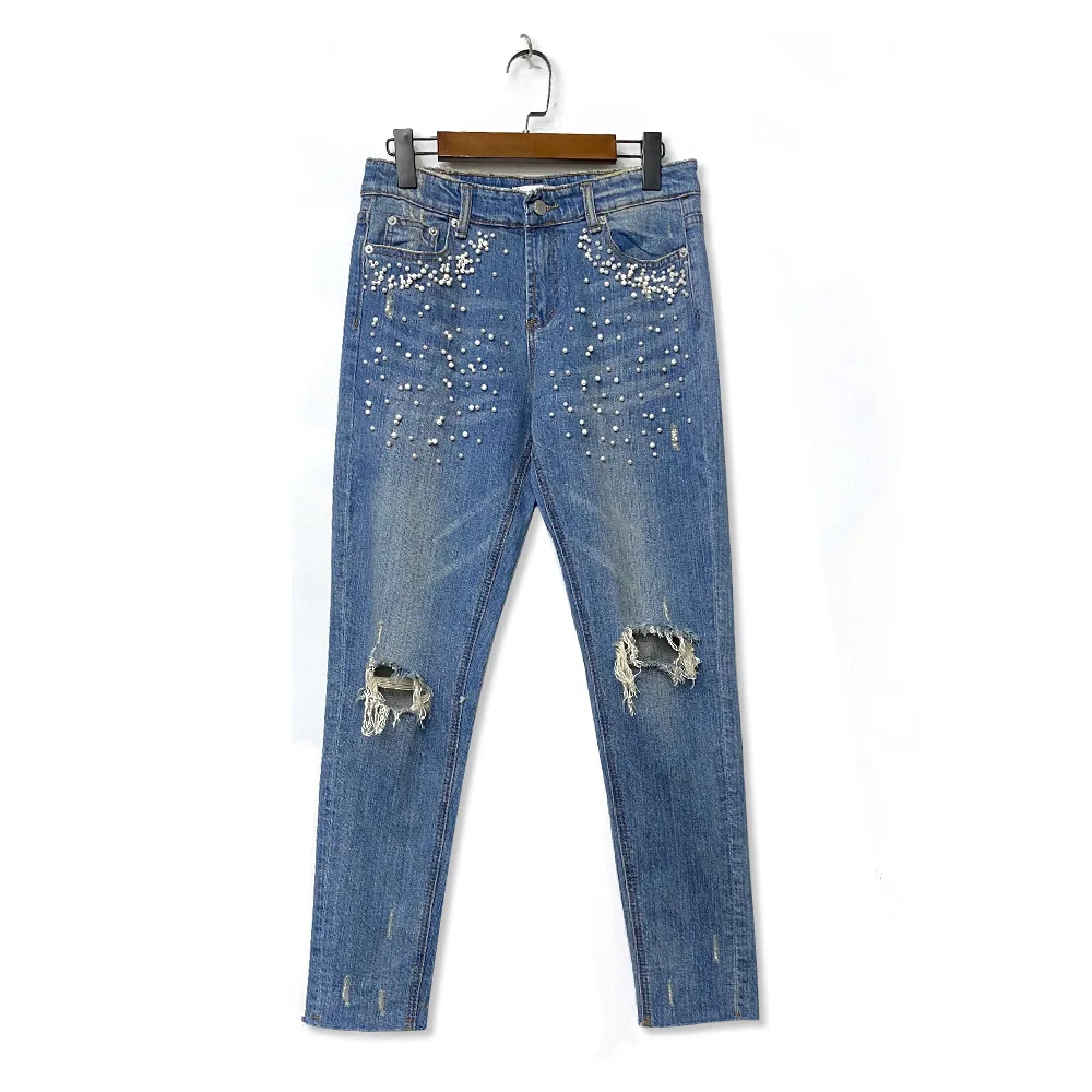 

2022 New Beaded Pencil Jeans Women's High Street Washed Light Color Ripped Kinny Jeans Trendy Stretch Womens Jeans