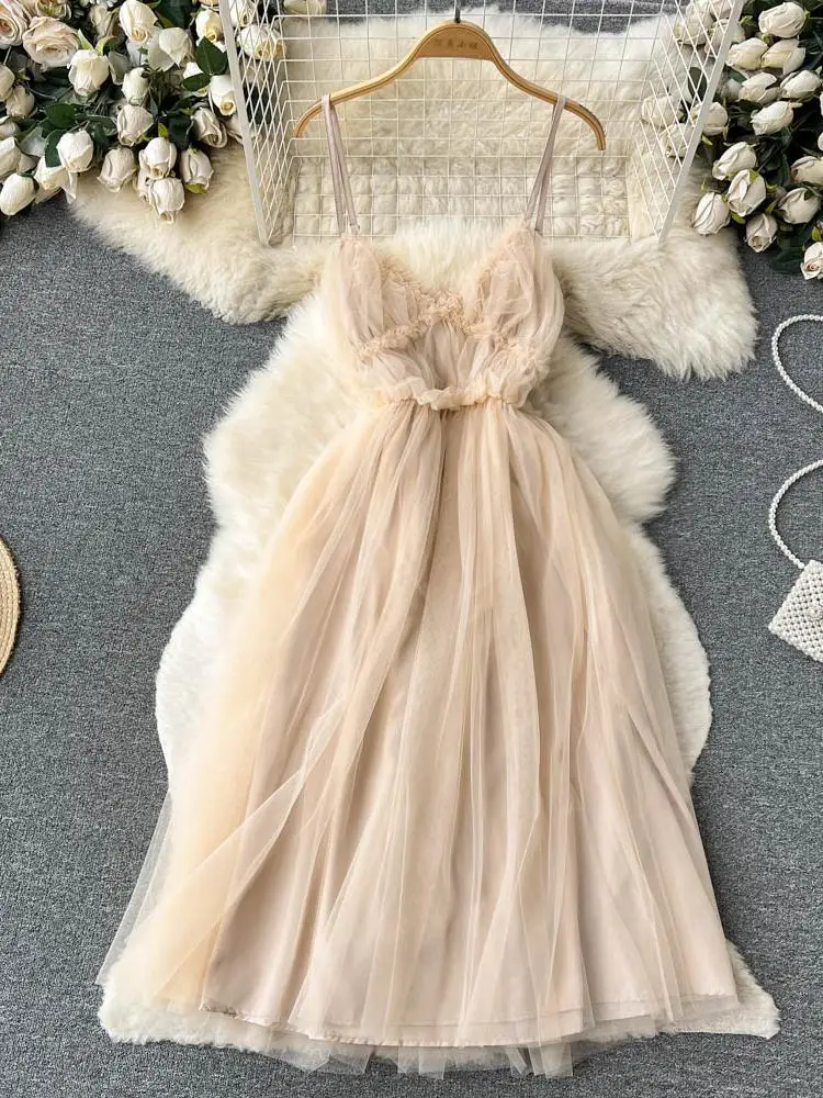 

Bohemia Mesh Dress For Women 2023 Summer Party Sling Retro Sweet Sexy Gauze Female French Night Princess Dress