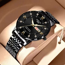 Men's Stainless Steel Sports Watch with Luminous Calendar & Hidden Buckle (Black)