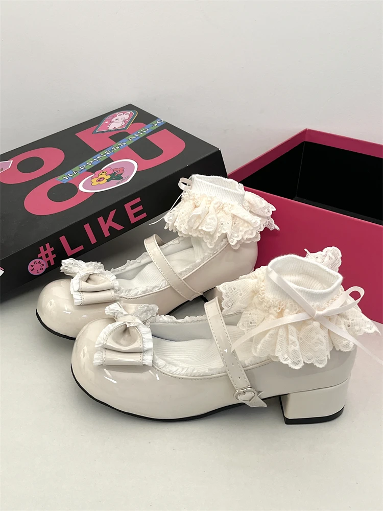 Saashi Women's Lolita PU Leather Bow Sweet Slip On Lace Ruffled Mary Jane.