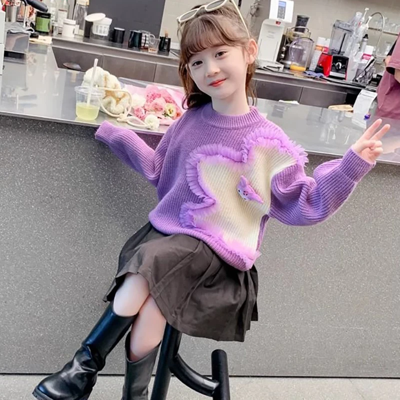 

Sanrio Kawaii Anime Kuromi Autumn Winter Children Knitted Sweater Cute Cartoon Knit Base Shirt Long Sleeve Top Gifts for Girls