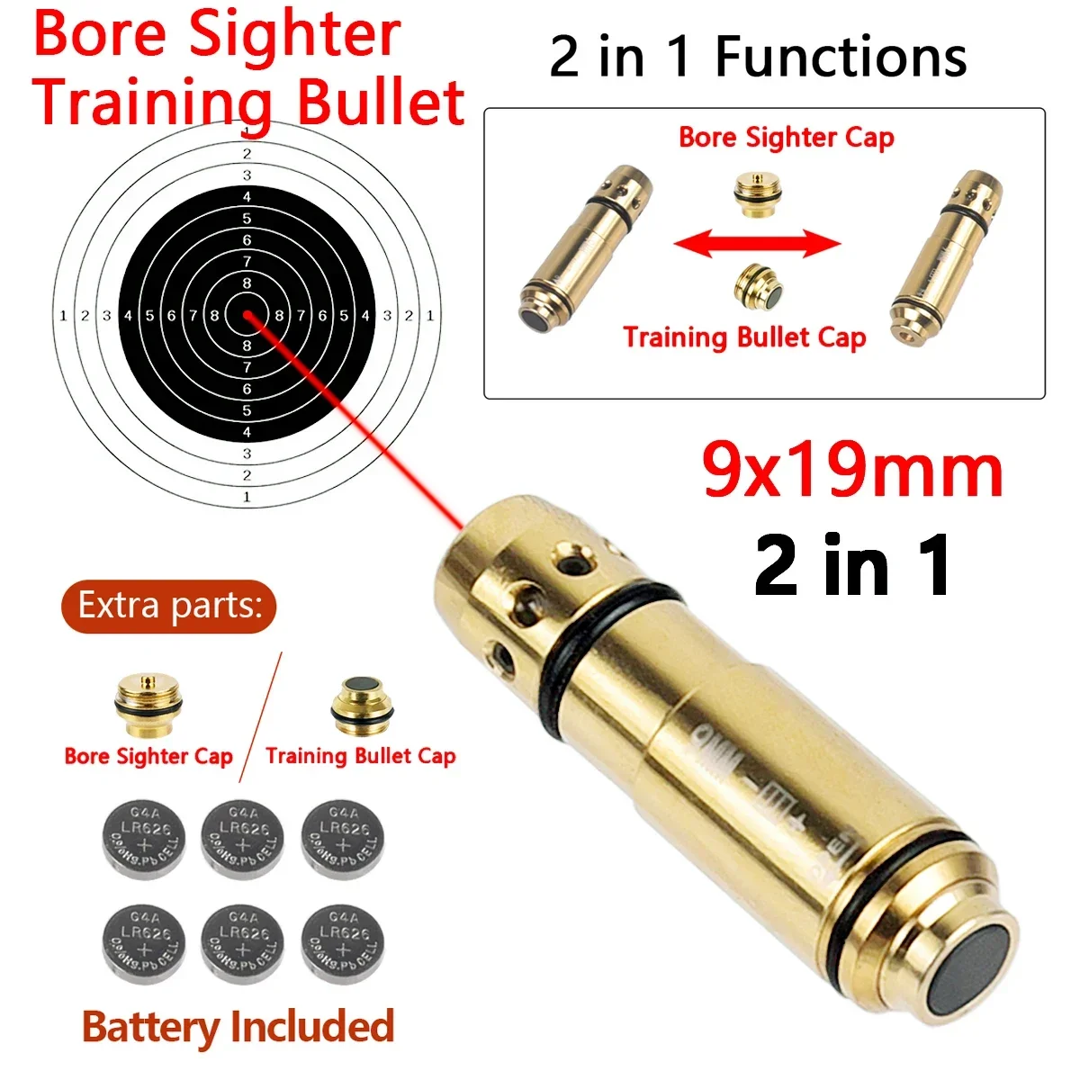 9x19mm Laser Training Bullet or Bore Sight 2 in 1 Dual Purpose Laser Sight Pointer for Dry Fire 9mm Training Bullets 9mm laser pointer laser sight red dot laser sight laser bore sight dry fire laser trainer