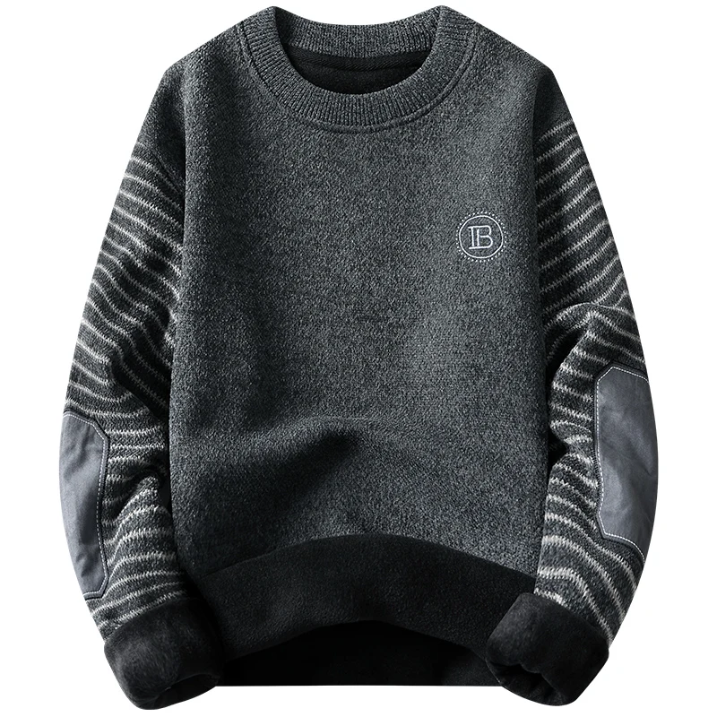 Basic Sweater Men Winter Fleece Lined Round Neck