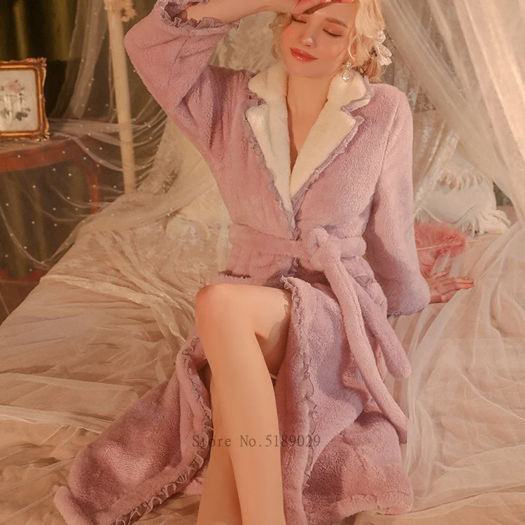 

Thicken Flannel Robe Sweet Girl Winter Kimono Bathrobe Nightgown Warm Sleepwear Women Loose Home Dressing Gown Soft Peignoirs