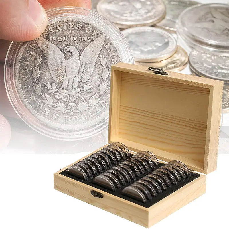 Coins Storage Box 30PCS Adjustable Antioxidative Wooden Commemorative Coin Collection Case with Adjustment Pad