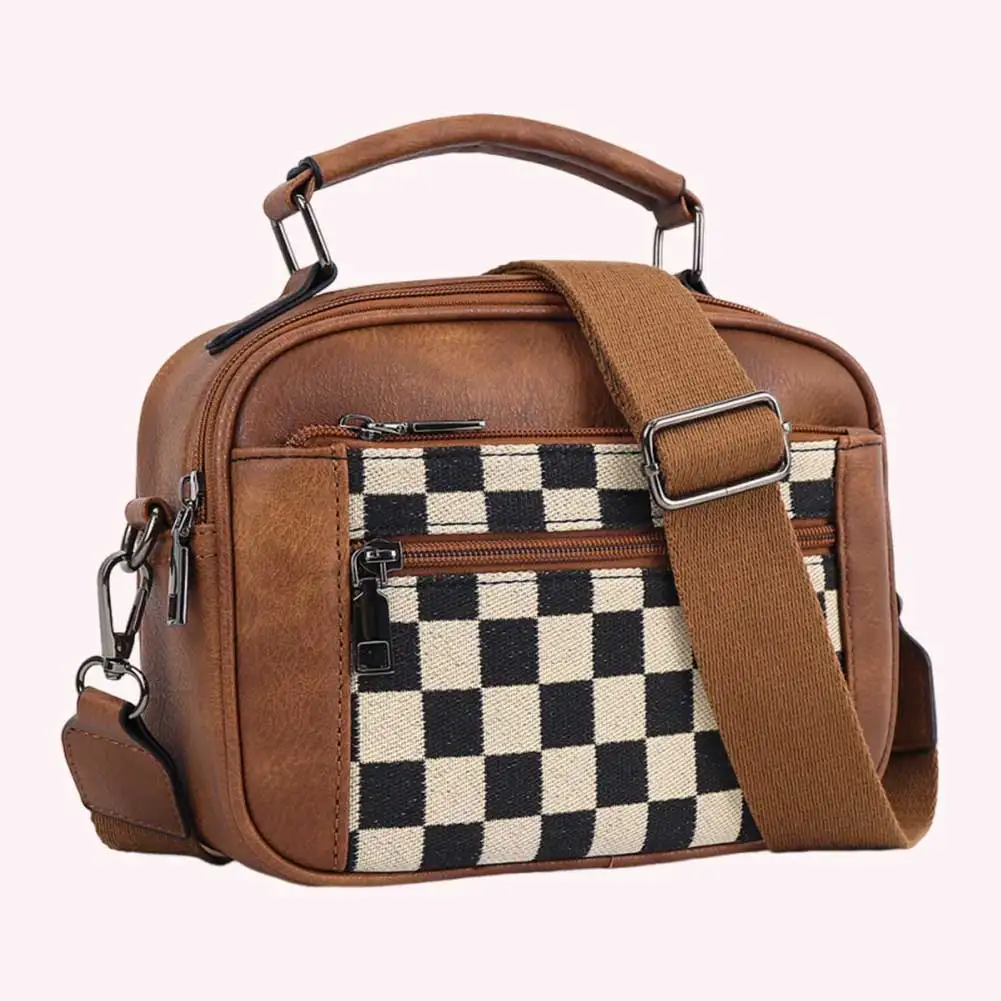 PU Checkered Tote Bag Zipper Closure Stylish Crossbody