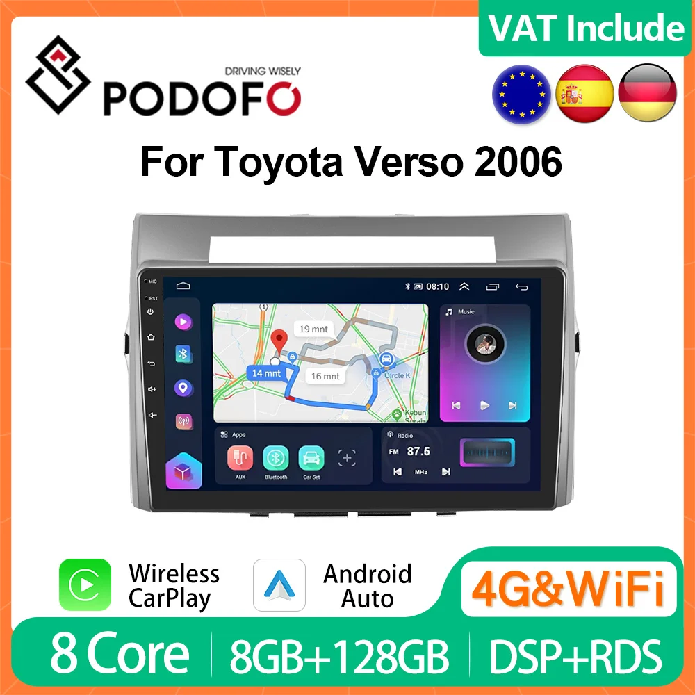 Podofo 4G Carplay Radio Android Per Toyota Verso 2006 Lettore Multimediale Per Auto 2Din Gps Stereo Head Unit Ai Voice Autoradio Ips Rds
