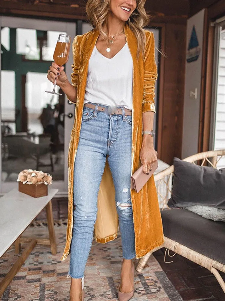 

Autumn Winter Fashion Velvet Cardigan Coat Women 2023 Elegant Solid Color Slim Long Sleeve Maxi Outerwear Warm Coats Soft Jacket