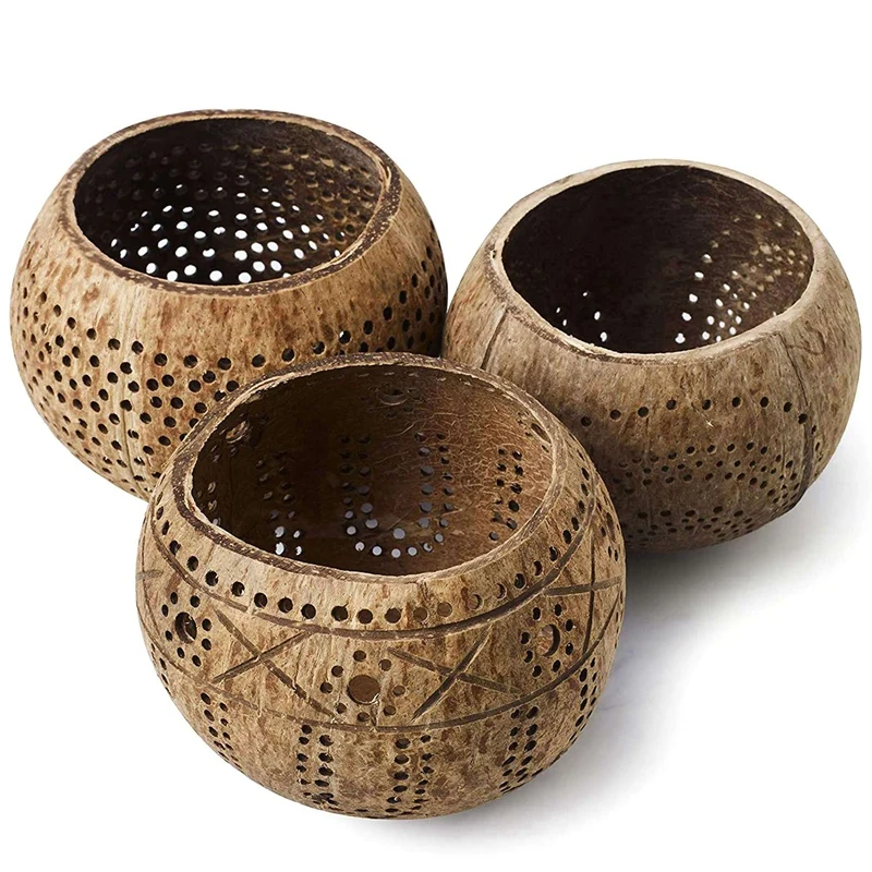 

Coconut Shell Wood Candle Holders (Set Of 9) With Coconut Scented Tealight Candles - Boho Decor, Votive Candles Holders