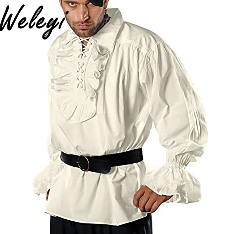 

Medieval Palace Style Men Puff Sleeve Shirt European and American Retro Stage Drama Performance Wear Solid Color Lace-up Tops