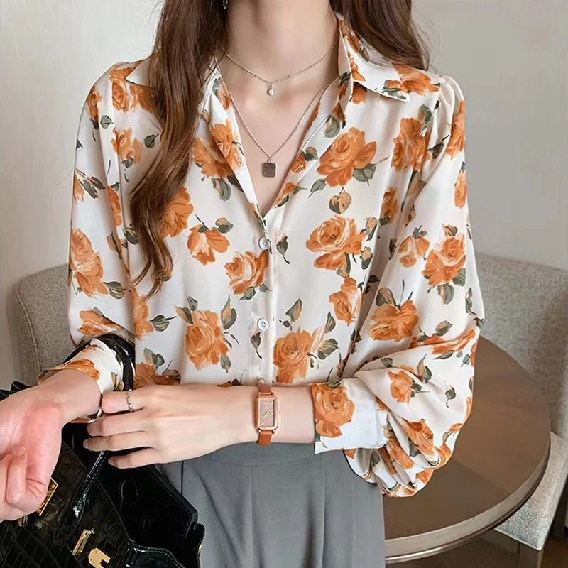 

Casual Bottoming Ladies Shirts Summer Loose Long Lantern Sleeve Chiffon New Tops Vintage Floral Printed Blouse for Women 27394