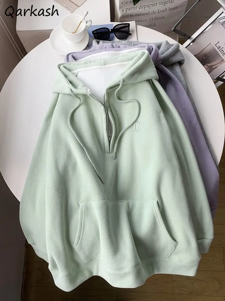 

Velvet Letter Hoodies Women Thick Winter Clothes Harajuku Minimalist Drawstring Baggy Streetwear College Long Sleeve Warm Mujer