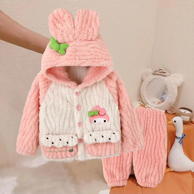 

Sanrio Kawaii Pajamas My Melody Cartoon Anime Cute Children Coral Velvet Leisure Cold Prevention Keep Warm Home Clothing Set