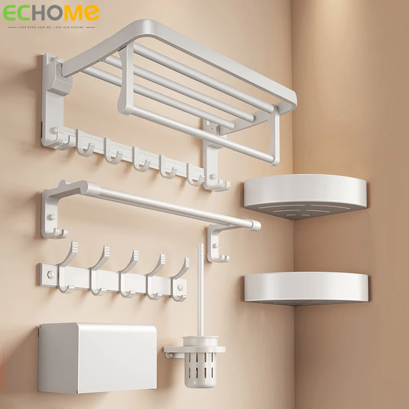 

White Bathroom Storage Rack Set No Punching Foldable Towel Bar Household Bathroom Storage Set Bathroom Decoration Accessories