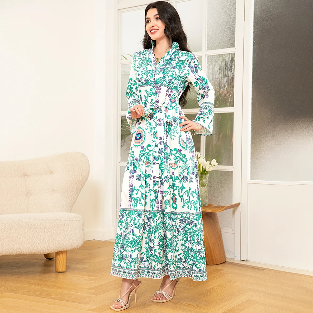 Elegant style V-neck Flowers Plant Buttons Belt Flared sleeve Long Dresses