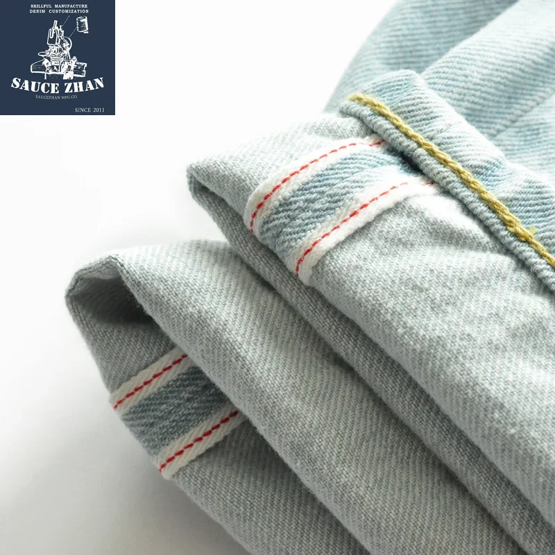 SauceZhan 남성 반바지 진 반바지 인디고 셀비지 데님 여름 캐주얼 레귤러핏