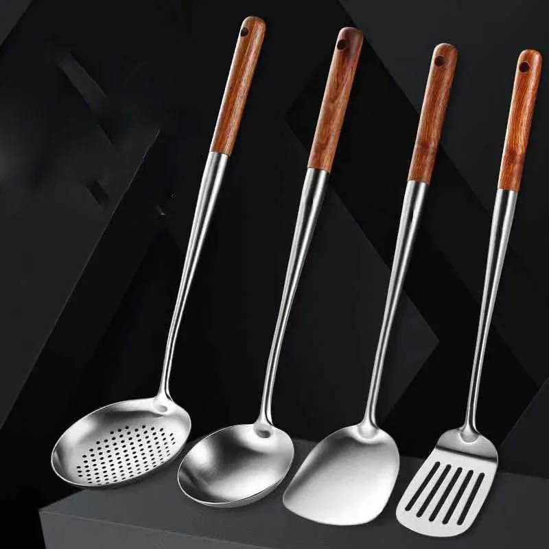 Set van 4 keukenhulpen van roestvrij staal, wokaccessoires met houten handvat, lange spatel, spatel, pollepel, kookgereedschap