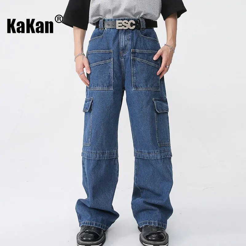 Kakan - New Korean Casual Loose Fitting Large Pocket Jeans for Men, Youth Popular Blue Black Wide Leg Jeans K50-048