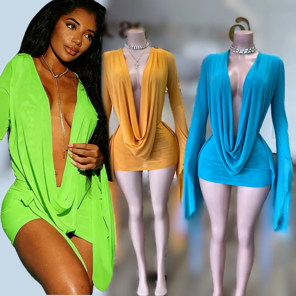 Modische Frühlings-Freizeitkleider für Damen, Transparentes Mesh-Kleid mit Tiefem V-Ausschnitt, Rückenfreies Langes Kleid mit Ausgestellten Ärmeln, Wickelkleid, Minikleid