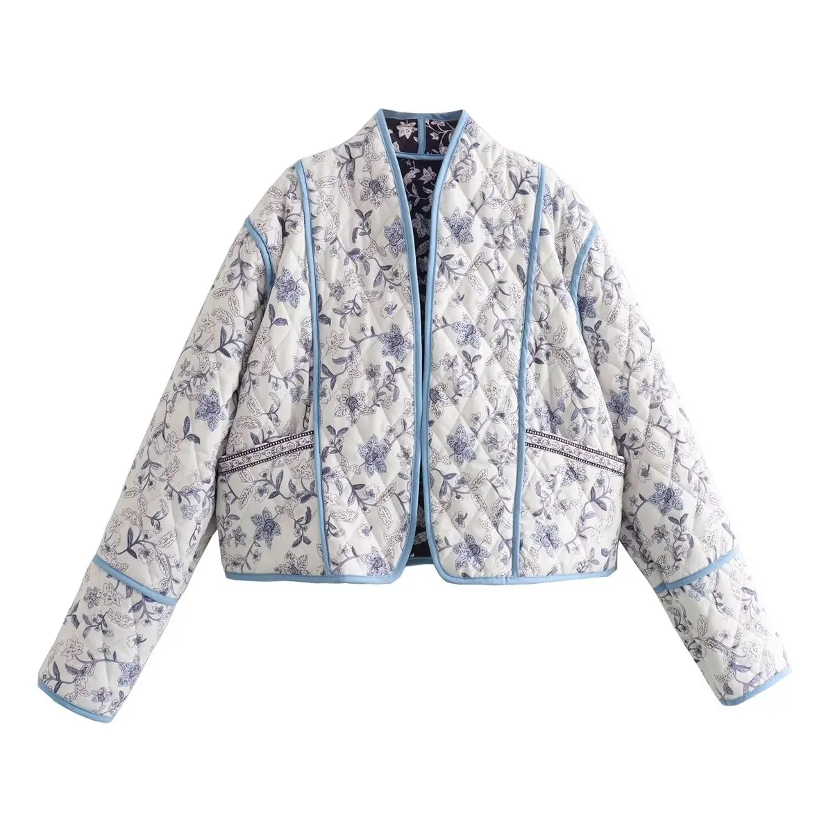 

Women New Fashion Cropped double sided fabric Printed Open cotton Coat Vintage Long Sleeve Pockets Female Outerwear Chic Tops