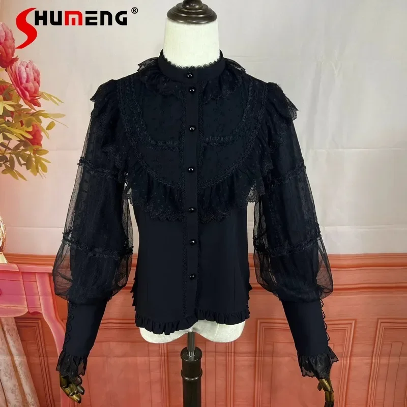 Japanese Lolita Court Vintage Stand Collar Shirt Mesh Lace Elegant Long Sleeve Inner Wear Blouse Women's Clothes Top Autumn 2023 diy shawl bow gloves fingerless lolita jk lace flocked gothic sunscreen sleeve clothing accessories elastic mesh punk gloves