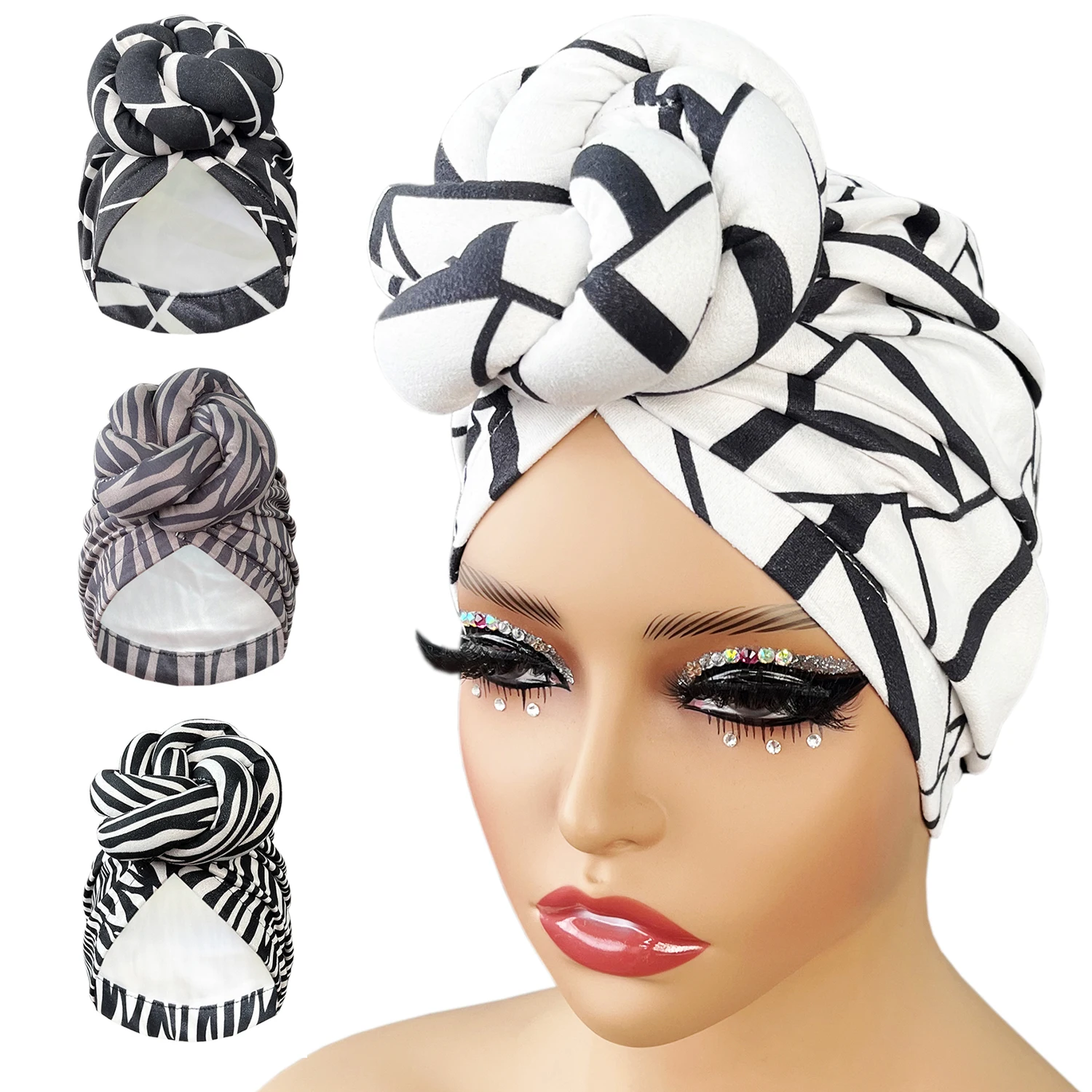 NewPreMadeKnottedHeadWrapFashionHeadCapForWomenLuxuryParty