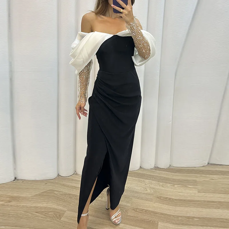 

Elegant Slash Neck Solid Color Dress Women Contrast Color Short Sleeve Princess Dress Fashion Split Slim Draped Party Long Dress