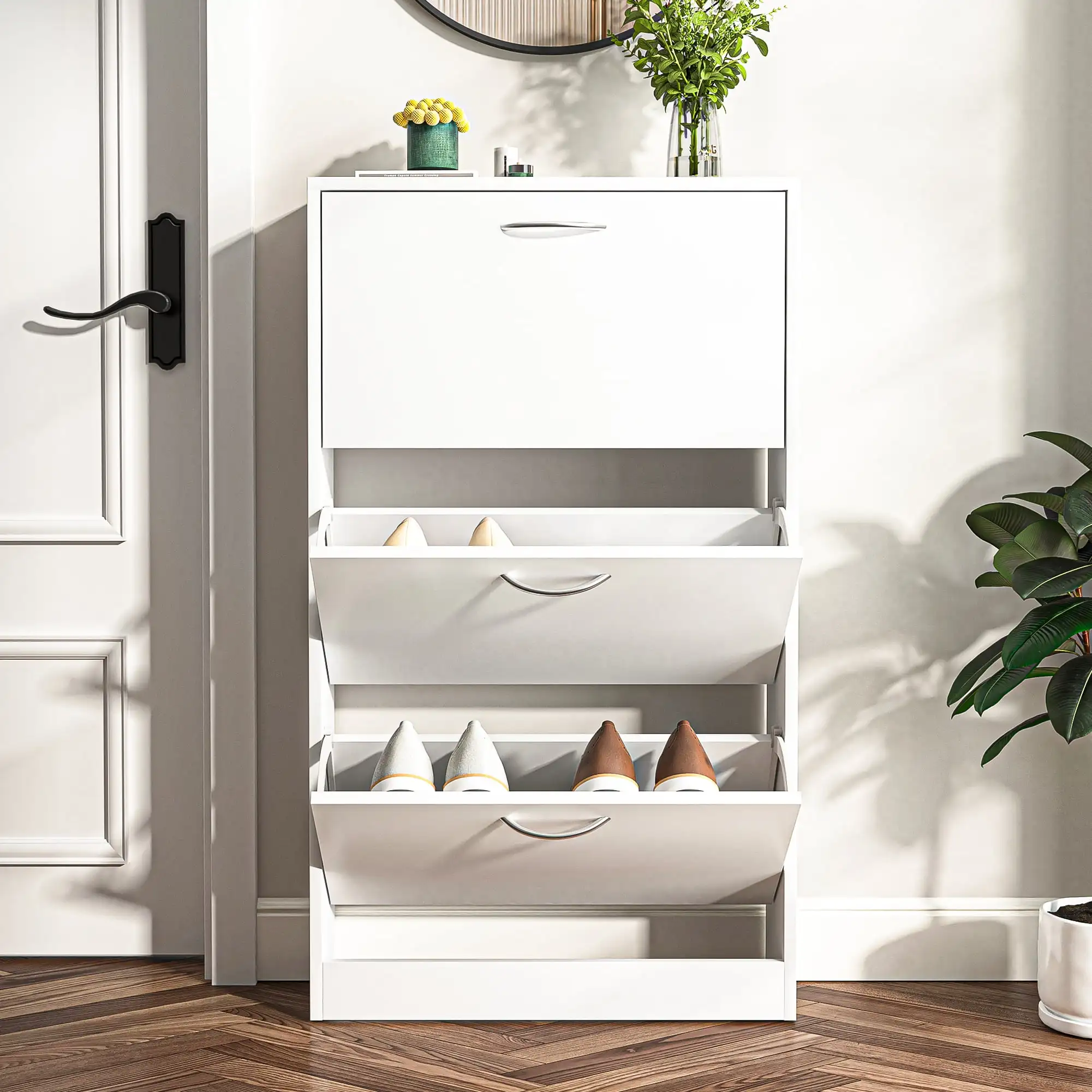 

Freestanding Shoe Cabinet with 3-Flip Drawers, Shoe Rack Organizer Cupboard, Entryway Shoe Storage Organizer, White