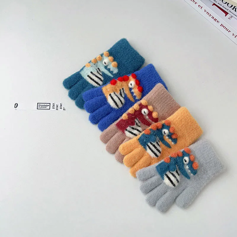 Cartoon Dinosaur Children Knitted Gloves Cold Proof Warm Kids Five Finger Gloves 3-15year Boy Girl Baby Winter Woolen Mittens winter gloves baby mittens
