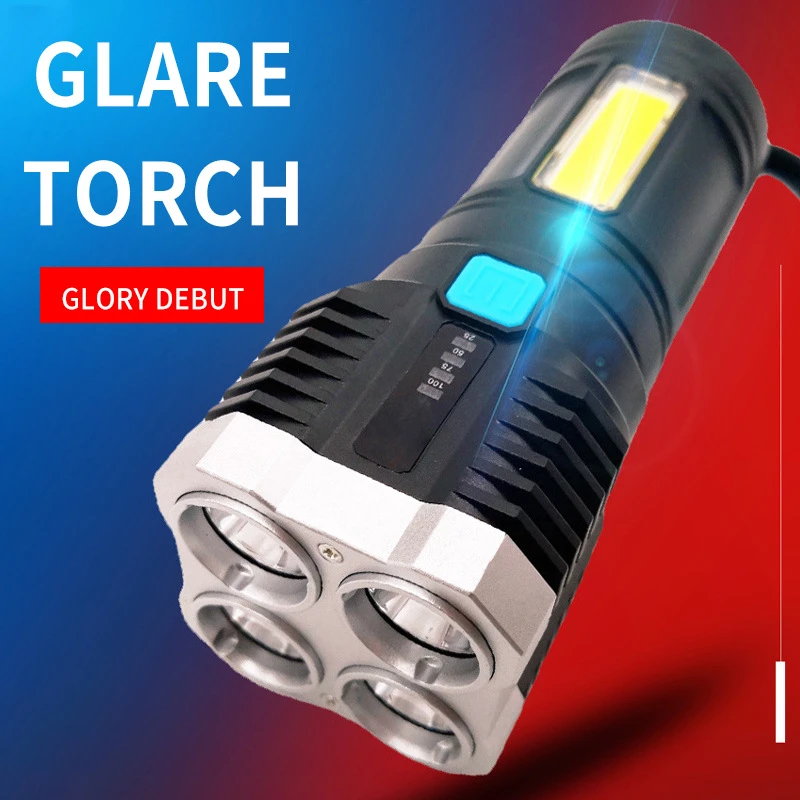  Spotlight Four-Eye Strong Light Flashlight USB Rechargeable Flashlight Portable Spotlight Long-Range Shot Cob Flashlight 