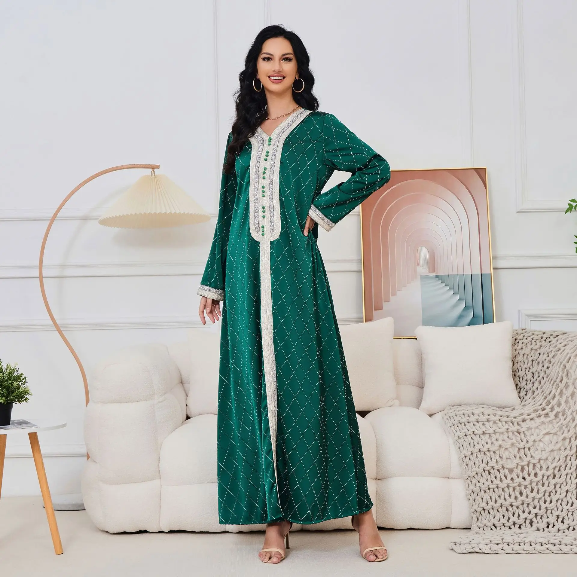 

2024 Arab Apparel Abaya Women's V-neck Long Sleeve Temperament Dress